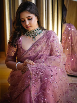 NAARI Embroidered Bollywood Net Saree(Pink)