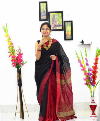 Fulia taant saree Solid/Plain Handloom Cotton Silk Saree(Black, Pink)