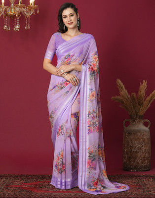 Samah Floral Print, Printed, Woven Daily Wear Georgette Saree(Multicolor, Purple)