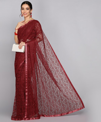 LOROFY Self Design Bollywood Net Saree(Maroon)