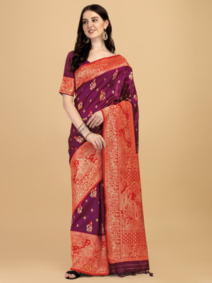 panchaamrit Woven Banarasi Silk Blend, Jacquard Saree(Magenta, Red)