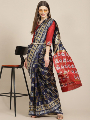 KAVINDI Self Design Patola Cotton Silk Saree(Pack of 2, Dark Blue, Red)