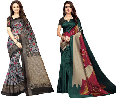 Grubstaker Printed Bollywood Art Silk Saree(Pack of 2, Green, Grey)