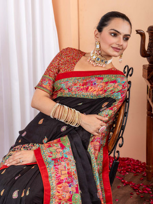 ANOUK Printed Daily Wear Silk Blend Saree(Black)