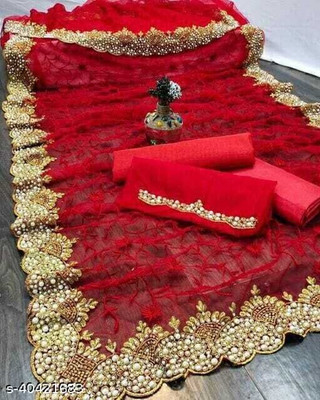 FINERFLY Embroidered Banarasi Net Saree(Red)