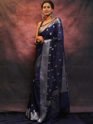 The Style Sanctuary Woven Banarasi Silk Blend Saree(Blue)