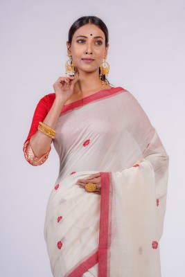 Aankona Embroidered Handloom Pure Cotton Saree(White)