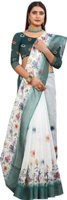 MAANVIT Printed Kanjivaram Pure Cotton, Chanderi Saree(White, Green)