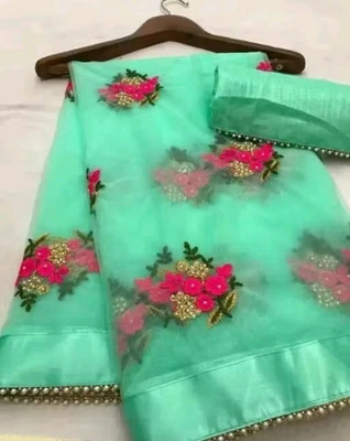 KANJIVARAM STYLE Embroidered Bollywood Net Saree(Light Green)