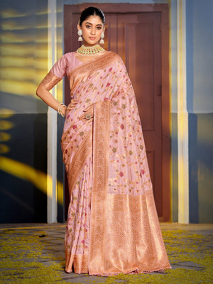 Tasrika Woven Banarasi Cotton Silk Saree(Pink)