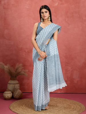 Jevi Prints Blocked Printed Daily Wear Pure Cotton Saree(Grey)