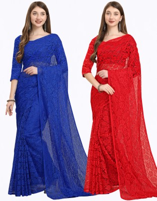 IRI Embellished Bollywood Net Saree(Pack of 2, Red, Blue)