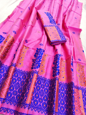 Mekhla Chador Woven Mekhela Chador Tussar Silk Saree(Pink)