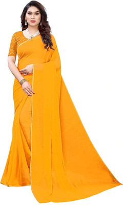 SainiVastra Solid/Plain Bollywood Chiffon Saree(Yellow)