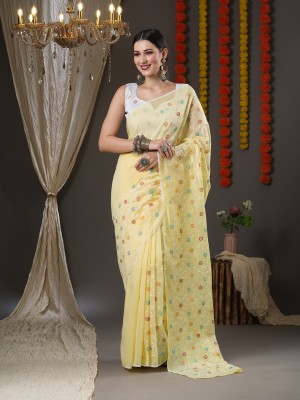 Sareemall Embroidered Jamdani Cotton Blend Saree(Yellow)