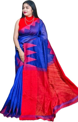 RM CREATION Temple Border Handloom Handloom Cotton Silk Saree(Blue)