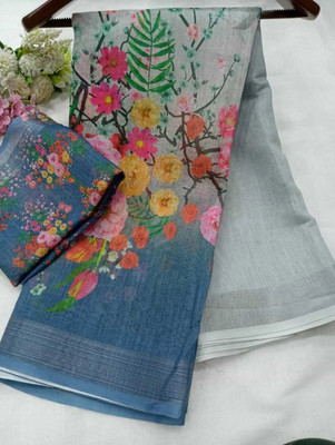 HouseOfCommon Self Design Bollywood Cotton Linen, Linen Saree(Grey)