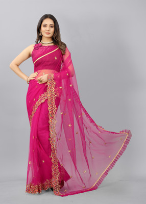 Barkiya Creation Embroidered Bollywood Net Saree(Pink)