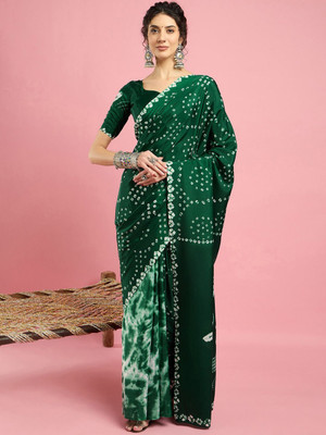Sangria Printed Bandhani Crepe Saree(Green)