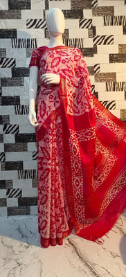 Luxury Silk Printed Hand Batik Handloom Cotton Blend Saree(Red)