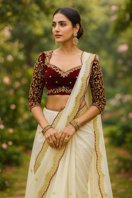 Nancy Desinger Embroidered Saree with Attached Blouse Georgette Saree(Cream)