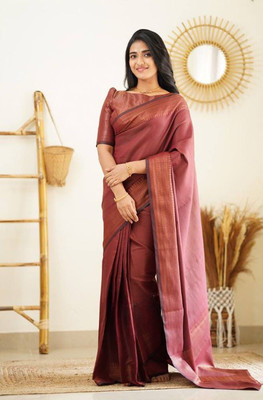 Flosive Striped Banarasi Pure Silk Saree(Maroon)