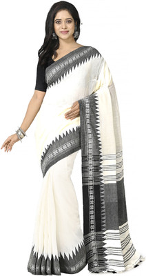 crochetin Woven Handloom Pure Cotton Saree(White, Black)