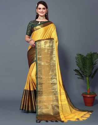 yourwish Woven, Checkered, Embellished, Self Design Narayanpet Jacquard, Cotton Silk Saree(Yellow)