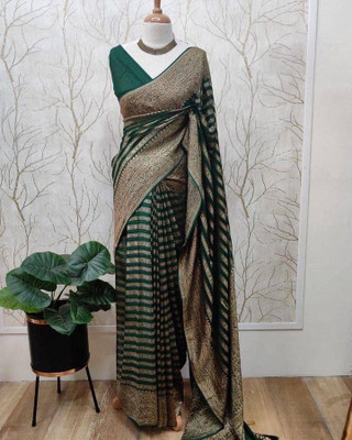Neel Fashion Self Design Banarasi Silk Blend Saree(Dark Green)