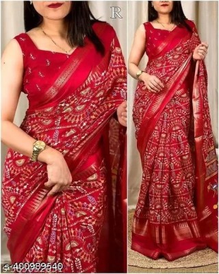 Online Bazaaar Printed Kalamkari Cotton Silk Saree(Red)