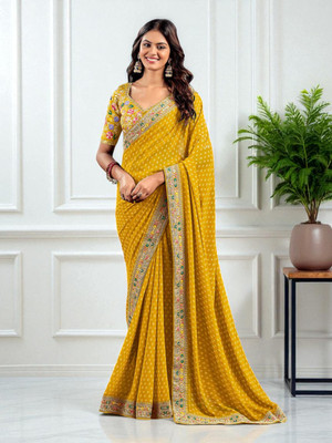 Sutriti Printed Bandhani Georgette Saree(Yellow)