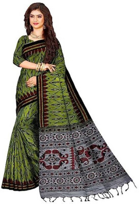 Joyguru Textile Printed Sambalpuri Cotton Blend Saree(Dark Green)