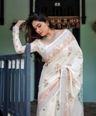 maharani couture Digital Print Handloom Cotton Linen Saree(White)