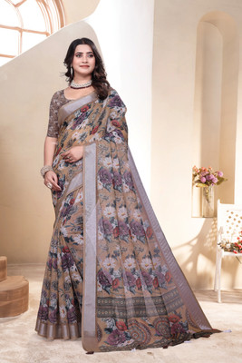 Mugdarra Floral Print Bollywood Silk Blend Saree(Cream)