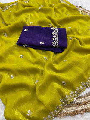 TAGALE Embroidered Chanderi Tissue Saree(Yellow)