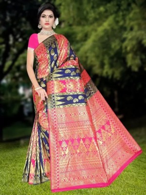 Ajamukhi Woven Kanjivaram Art Silk Saree(Blue, Pink)