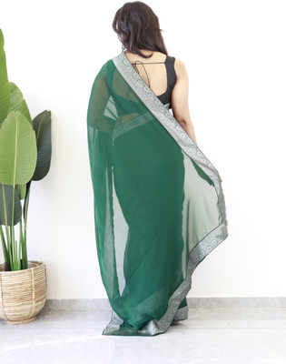 Bansari Textiles Solid/Plain Bollywood Chiffon, Silk Blend Saree(Dark Green)