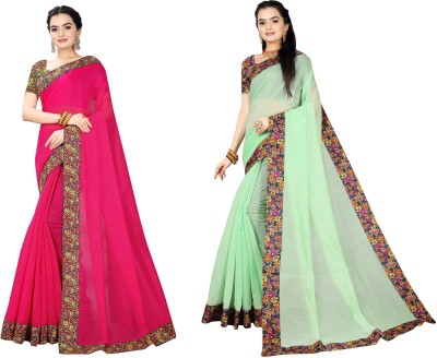 manish Solid/Plain Chanderi Cotton Blend Saree(Pack of 2, Pink, Light Green)