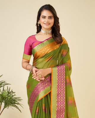 SICHYAH Woven Kota Doria Cotton Silk Saree(Green)