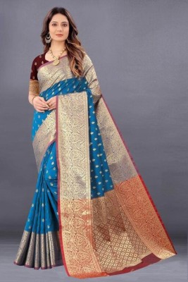 Pionex Woven Kanjivaram Jacquard, Pure Silk Saree(Blue)