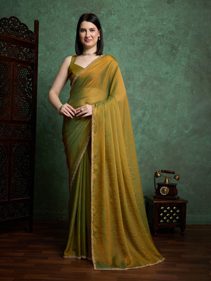 FluteFashion Self Design Bollywood Chiffon Saree(Gold)