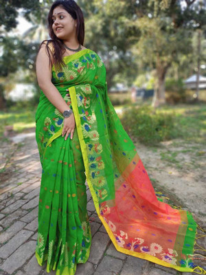 sdn Woven, Solid/Plain Tant Handloom Cotton Silk Saree(Light Green)