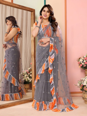 APERA Self Design Bollywood Net Saree(Grey)