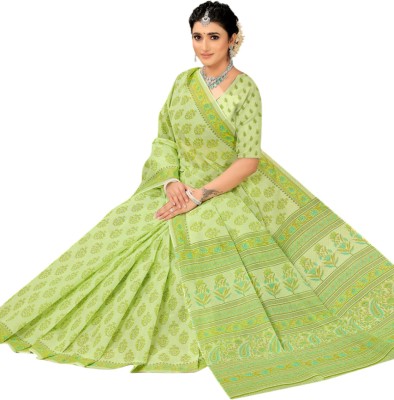 karishma sarees Floral Print Chanderi Pure Cotton Saree(Light Green)