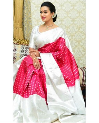 KKCREATION Woven Kanjivaram Silk Blend Saree(White)