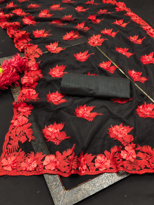 Mactos Embroidered Bollywood Net Saree(Black)