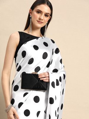 ANOUK Polka Print Daily Wear Satin Saree(White)