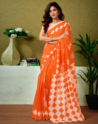 Tasrika Floral Print, Geometric Print, Printed Sambalpuri Chanderi, Cotton Blend Saree(Orange)