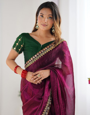Samah Dyed, Embellished Bollywood Jimmy choo, Chiffon Saree(Purple)