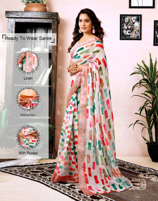 Samah Floral Print, Geometric Print, Embellished Daily Wear Linen Saree(Multicolor, White)